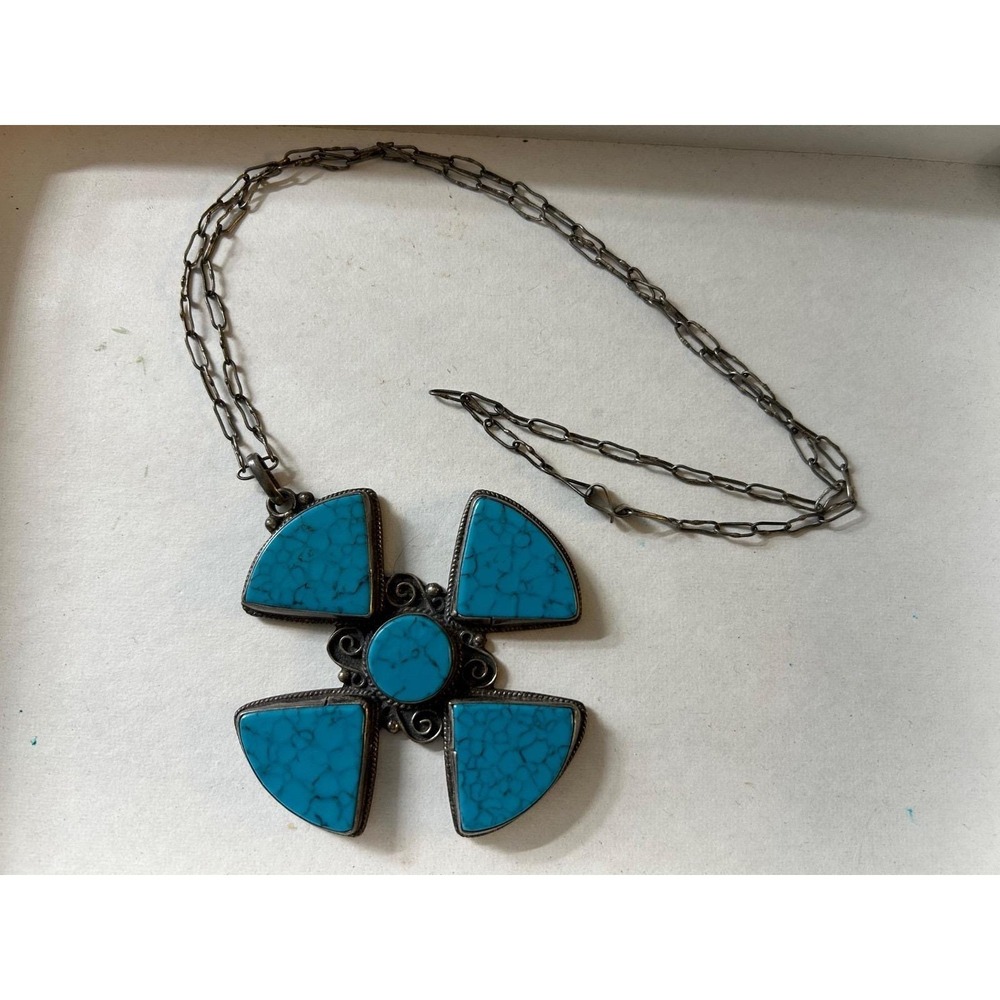 Large Faux Turquoise Inset in 925 Silver CROSS on Primitive Sterling Chain 16"